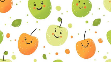Seamless Design of Cute Green and Orange Cartoon Characters with Happy Expressions on White Background