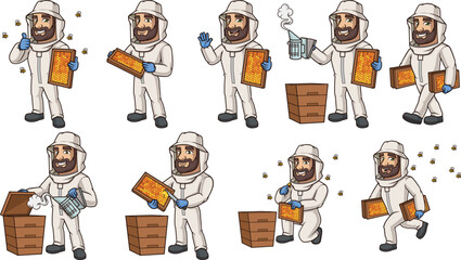 Male beekeeper working with honey bees and beehives. Vector cartoon illustrations bundle with each image on a separate layer.