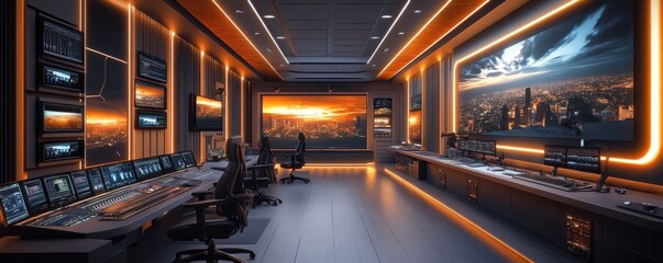Modern Futuristic Control Room with City View and Multiple Screens