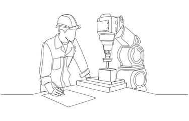 Continuous one line drawing of engineer checking performance of lathe robot arm, robotics engineering concept, single line art.