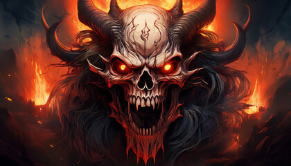  Screaming demon skull, with large horns and flaming eyes, creating a terrifying Halloween v_1(707)