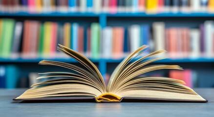 Fototapeta premium Open book with colorful bookshelf background in library setting