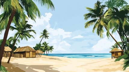Fototapeta premium An illustration of a tropical beach with tall palm trees swaying, beach huts nestled in the sand, and the ocean stretching out in the distance.