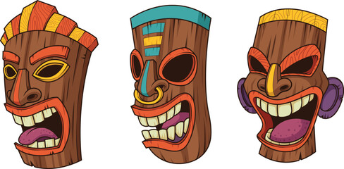 Wooden tiki heads and masks. Vector cartoon illustrations bundle with each image on a separate layer.