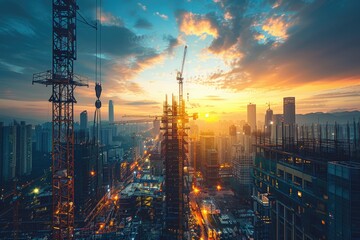 Modern Urban Construction Site at Sunset with Cityscape and Tower Cranes