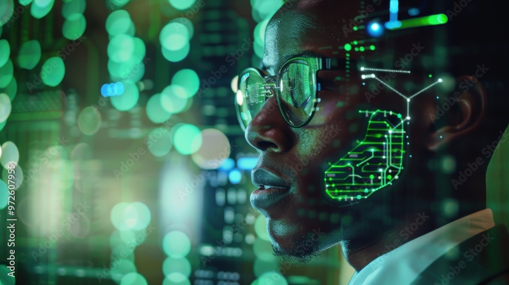 Aufkleber a man wearing glasses is looking at a computer screen with a green background