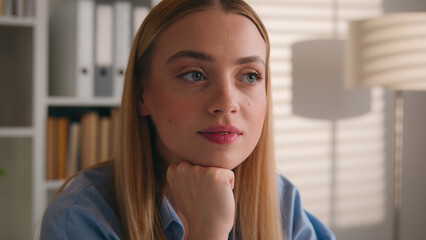 Close up pensive thinking dreaming pensive calm business portrait Caucasian dreamy woman in office looking businesswoman worker female face manager entrepreneur think dream student girl at library