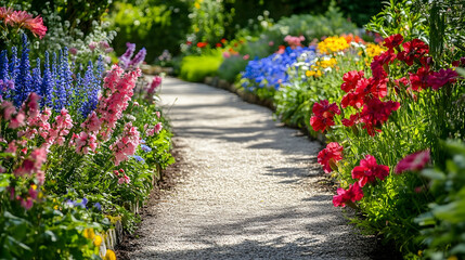 A garden path lined with various flowers, creating a bright and colorful natural setting with depth