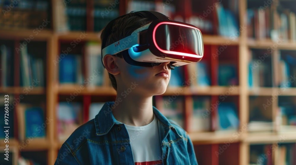 Poster a boy wearing a virtual reality headset stands in front of a bookshelf