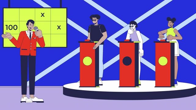Game show on TV cartoon animation. Gameshow competition broadcasting 4K video 2D motion graphic. Host microphone, participants behind push buzzers animated characters on entertainment background