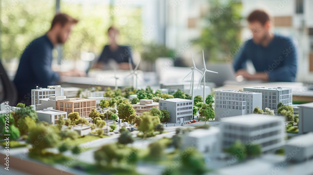 Poster miniature city model with wind turbines is the focus, while architects work in the background