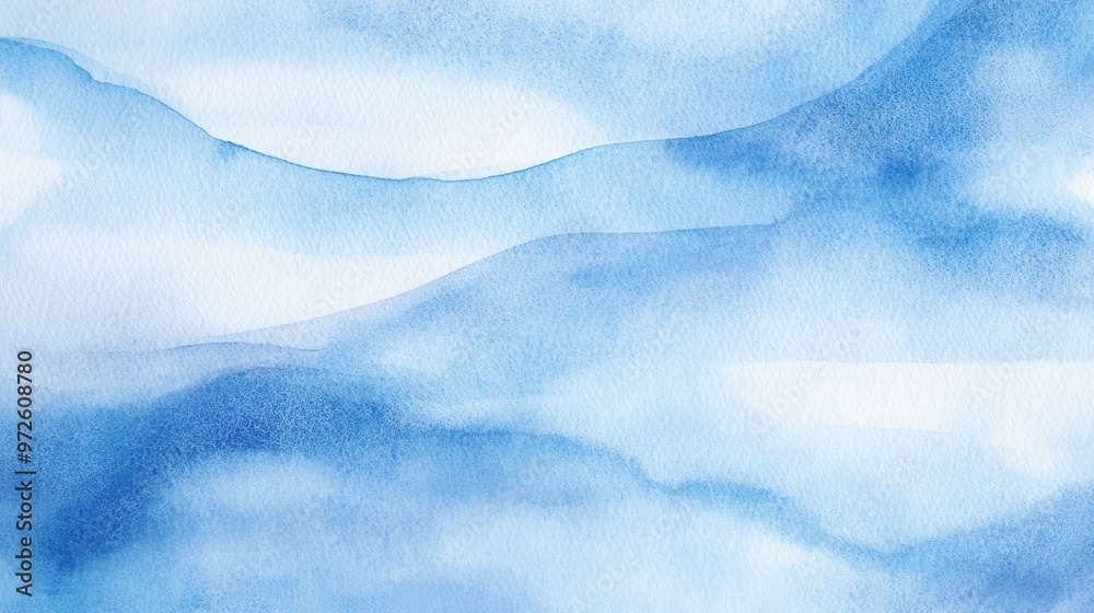 Poster Soft blue watercolor waves creating an abstract landscape on paper with gentle variations in color and texture