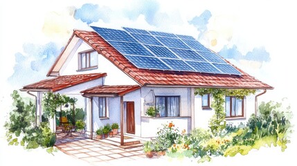 Obraz premium A modern house with solar panels situated in a sunny garden during the daytime showcasing sustainable living practices