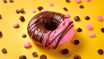 Fototapeta premium Chocollate and Pink Donut Spread on the Yellow Background Suitable for Web, Apps, Presentation, or Printable Meaning