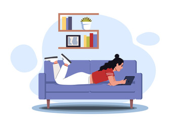 Freelancer work remotely. Woman with tablet lying on sofa. Remote worker with earnings on internet. Girl with online job. Comfortable work place. Flat vector illustration isolated on white background