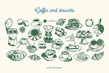 Minimalist hand drawn food and beverages vector illustration collection. Art for greeting cards, wedding invitations, poster design, postcards, branding, logo design, background.