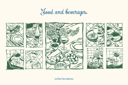 Minimalist hand drawn food and beverages vector illustration collection. Art for greeting cards, wedding invitations, poster design, postcards, branding, logo design, background.