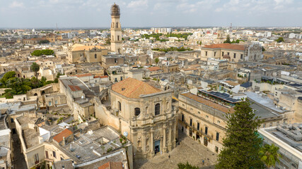 Fototapeta premium Aerial view of the church of Santa Chiara which is located in the historic center of Lecce, in Puglia, Italy. It was built in Baroque architectural style.
