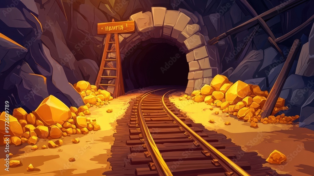 Wall mural cartoon gold mine tunnel with golden rocks and train tracks, designed for game art background