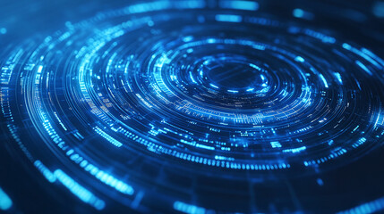 Creative bright blue tech wallpaper with linear circle. Innovation and technology concept. 3D Rendering.