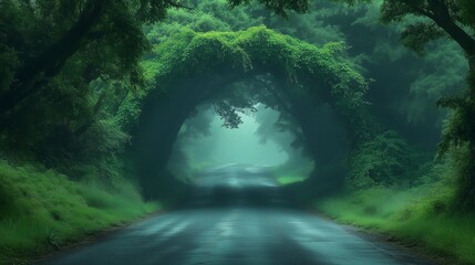 The green trees form an archway on both sides of the road, creating a misty atmosphere that adds to its mystery and allure