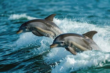 Obraz premium Playful Dolphins Leaping Through Ocean Waves at Sunset