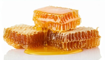 Golden Honey Dripping from Hexagonal Honeycombs: Natural Organic Sweetness on a White Background"