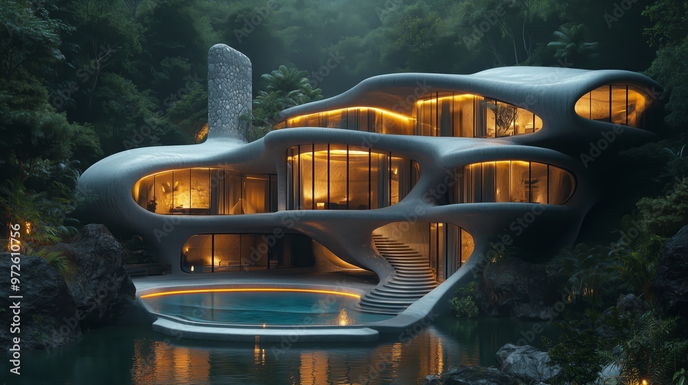 Poster a futuristic-style architecture features a curved shape