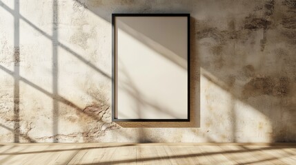 Empty white picture or poster template mockup with black frame on a concrete wall. Modern interior and furniture with plants in a light room. Blank copy space for advertisement purposes.