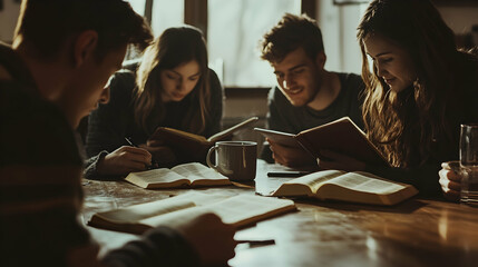 A small, close group of friends convenes for Bible study at a kitchen table, equipped with notebooks and coffee mugs. They appreciate the camaraderie and shared beliefs in a comfortable home 