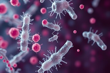 Fototapeta na wymiar A detailed microscopic view reveals an intricate network of bacteria and microbes, showcasing their distinct shapes and cellular structures in vibrant clarity.