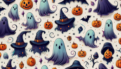 Fototapeta premium Seamless Halloween pattern featuring ghosts and witchcraft symbols on a white backgroun_1(722)