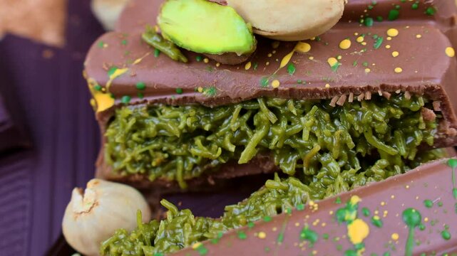 Dubai Chocolate bar with green kadayif and pistachio spread with pistachio nuts close up