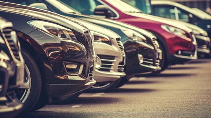 Close-up of parked cars in a row on a parking lot