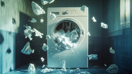 Obraz premium A washing machine erupts with clothes and water in a modern bathroom, creating a dramatic indoor scene