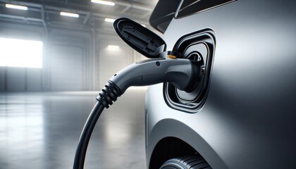 ide-angled view of an electric vehicle's charging port with the cable connected in a modern, light-filled garage – depiction of sustainable technology and urban progress