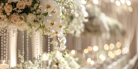 Elegant Wedding Decor Luxurious wedding reception setup with floral arrangements and candles
