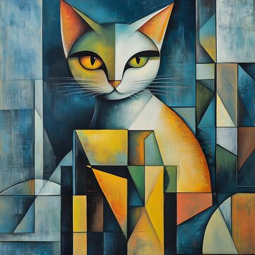 Mischievous Feline in a Captivating Cubist and Geometric Landscape with Bold Expressive Brushwork