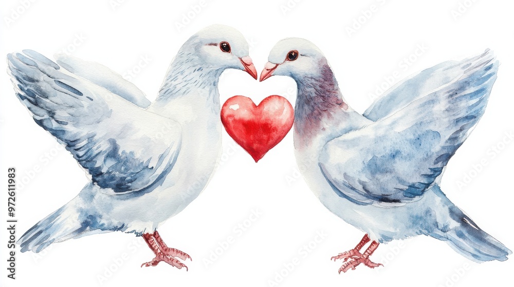 Poster Two doves with a heart symbolizing love and unity in a watercolor style on a white background