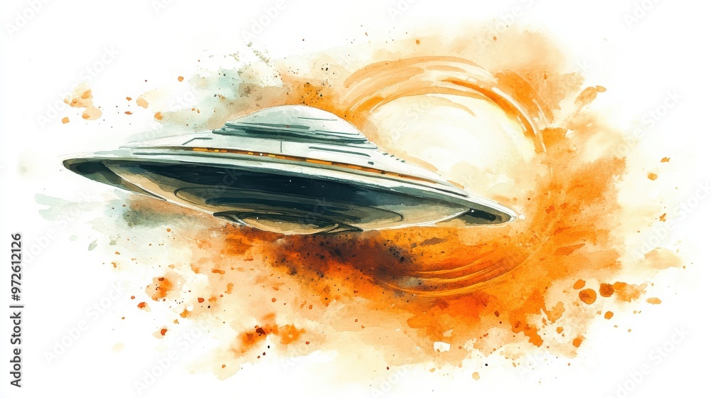 Poster a sleek spaceship flies through a vibrant orange cloud, showcasing advanced technology in a futurist
