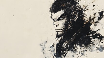 Fototapeta premium Fierce Monkey King Portrayed with Exquisite Brushwork in Minimalist Chinese Ink Painting