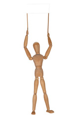 A wooden puppet doll marionette holding blank protest sign. Concept of emotional manipulation,...