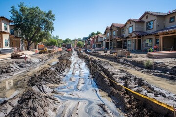 Fototapeta premium Residential Construction Site with Muddy Streets and New Homes in Progress on a Sunny Day