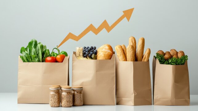 Rising food costs: grocery bags and arrow depict inflation