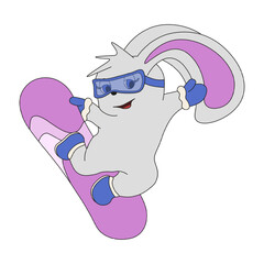 Funny bunny on the snowboard isolated transparent background. Template design for winter postcard poster banner with happy rabbit. Vector illustration for winter sport activity. T-shirt print design.