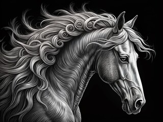 Intricate black and white illustration of a majestic horse in profile, showcasing delicate shading and precise