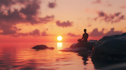 A serene meditation setting, with a tranquil sunset illuminating the background.
