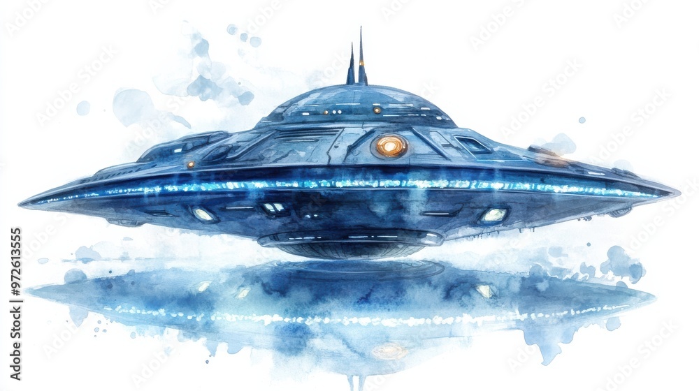 Poster a futuristic blue ufo hovers above the ground in a serene landscape filled with soft colors and abst