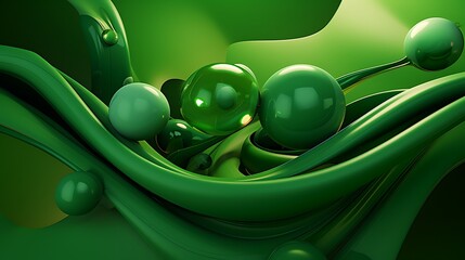 Abstract green shapes and spheres creating a fluid, dynamic scene.