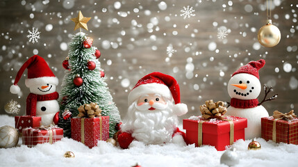 Christmas scene with tree decorations, Santa, snowman.